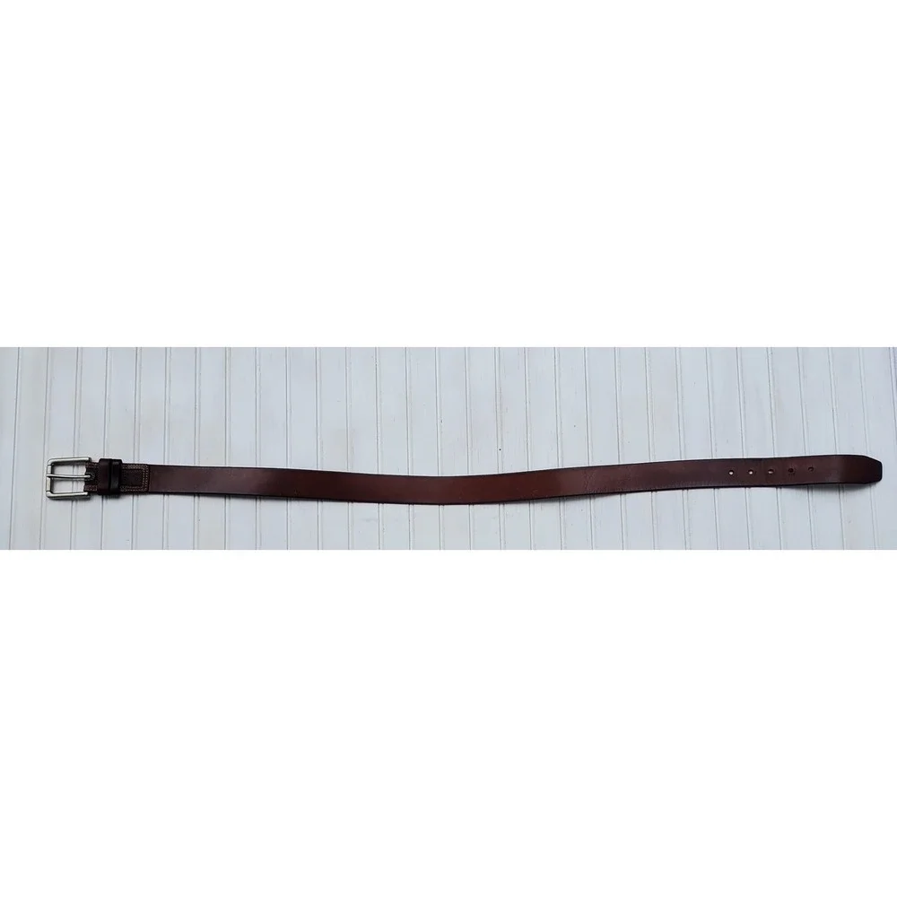 Fossil Mens Dark Brown Leather Belt Herringbone Embossed Buckle Size 36